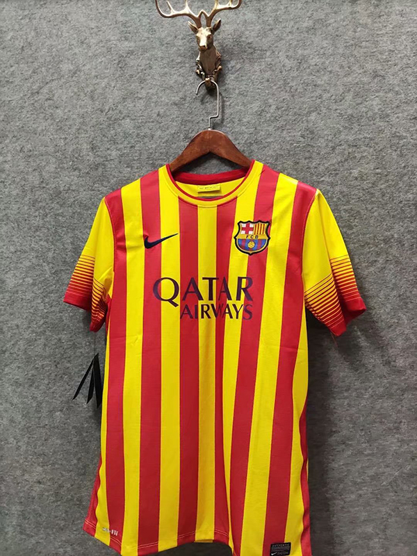 2013-2014 Season Barcelona Away Yellow Color Football Retro Jersey