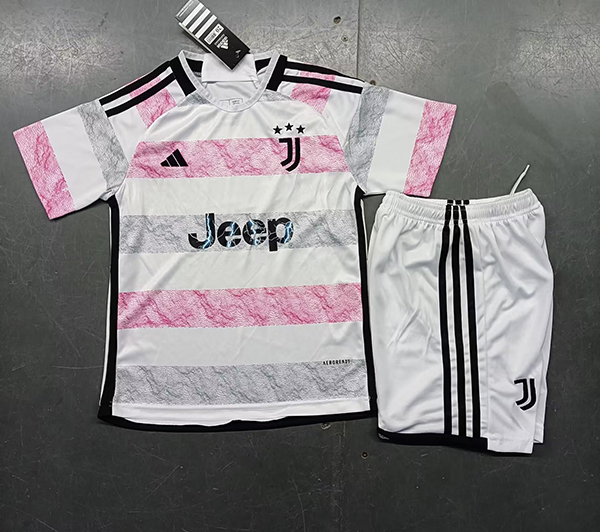 23-24 Season Juventus Away Pink-White Color Kids Football Kit