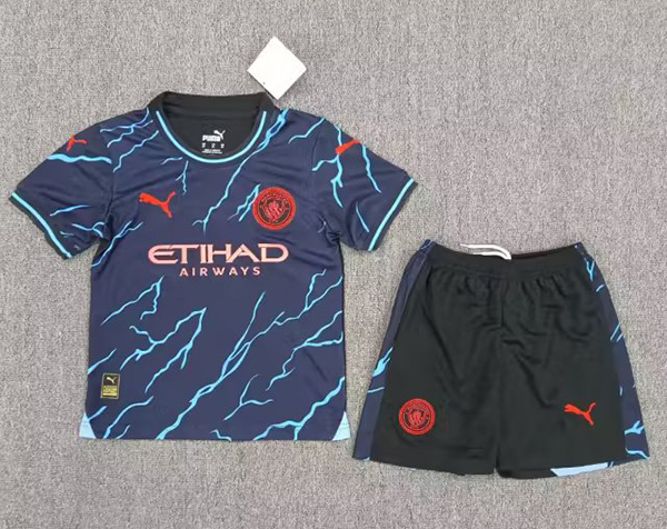 23-24 Season Manchester City Third Black Color Youth Kids Football Uniform